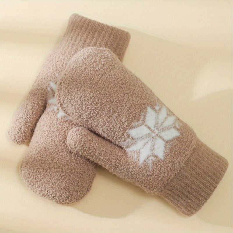 1 Pair Cashmere-Blend Knitted Mittens - Soft Beige Snowflake Design Winter Gloves, Thick Warm & Windproof for Outdoor Use, Hand Wash or Dry Clean, Winter Clothes